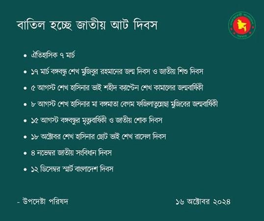 বাতিল হচ্ছে জাতীয় আট দিবস